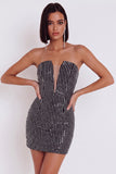 Black Bodycon Strapless Sequins Tulle Short Cocktail Dress