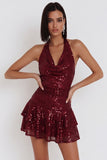 Burgundy Sequins Halter Tiered Ruffle Short Backless Cocktail Dress
