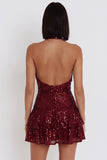 Burgundy Sequins Halter Tiered Ruffle Short Backless Cocktail Dress
