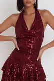 Burgundy Sequins Halter Tiered Ruffle Short Backless Cocktail Dress