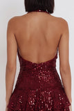Burgundy Sequins Halter Tiered Ruffle Short Backless Cocktail Dress