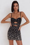 Black Bodycon Spaghetti Straps Cut Out Beaded Short Cocktail Dress with Rhinestone