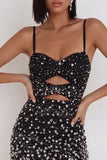 Black Bodycon Spaghetti Straps Cut Out Beaded Short Cocktail Dress with Rhinestone