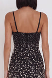 Black Bodycon Spaghetti Straps Cut Out Beaded Short Cocktail Dress with Rhinestone