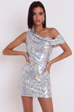 Sparkly Silver Sequins Bodycon Asymmetrical One Shoulder Short Cocktail Dress
