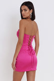 Fuchsia Corset Satin Strapless Bodycon Ruched Short Cocktail Dress