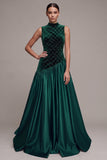 Dark Green A-Line Satin High Neck Cut Out Long Velvet Dress