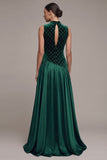 Dark Green A-Line Satin High Neck Cut Out Long Velvet Dress