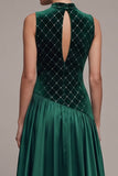 Dark Green A-Line Satin High Neck Cut Out Long Velvet Dress