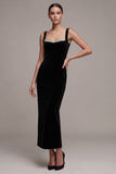 Black Sheath Sweetheart Long Velvet Dress with Rhinestone