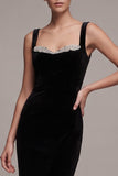 Black Sheath Sweetheart Long Velvet Dress with Rhinestone