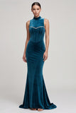 Peacock Blue Corset Mermaid High Neck Long Velvet Dress with Rhinestone