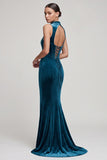 Peacock Blue Corset Mermaid High Neck Long Velvet Dress with Rhinestone