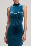 Peacock Blue Corset Mermaid High Neck Long Velvet Dress with Rhinestone