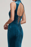 Peacock Blue Corset Mermaid High Neck Long Velvet Dress with Rhinestone