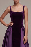 Plum A-Line Square Neck Satin Thick Straps Maxi Velvet Dress