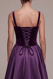 Plum A-Line Square Neck Satin Thick Straps Maxi Velvet Dress