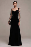 Black A-Line Sweetheart Long Sleeves Maxi Velvet Dress with Embroidery