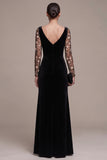 Black A-Line Sweetheart Long Sleeves Maxi Velvet Dress with Embroidery