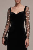 Black A-Line Sweetheart Long Sleeves Maxi Velvet Dress with Embroidery