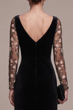 Black A-Line Sweetheart Long Sleeves Maxi Velvet Dress with Embroidery