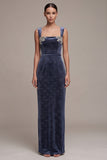 Dusty Blue Sheath Square Neck Rhinestone Appliques Long Velvet Dress with Beading