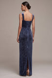 Dusty Blue Sheath Square Neck Rhinestone Appliques Long Velvet Dress with Beading