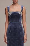Dusty Blue Sheath Square Neck Rhinestone Appliques Long Velvet Dress with Beading