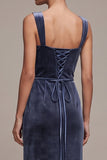 Dusty Blue Sheath Square Neck Rhinestone Appliques Long Velvet Dress with Beading
