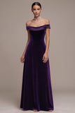 Plum Off the Shoulder A-Line Satin Maxi Velvet Dress