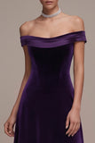 Plum Off the Shoulder A-Line Satin Maxi Velvet Dress