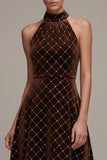 Coffee Halter High-Low A-Line Velvet Dress with Beading