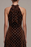 Coffee Halter High-Low A-Line Velvet Dress with Beading