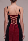 Red and Black Sheath Spaghetti Straps A-Line Glitter Maxi Velvet Dress