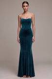 Peacock Blue Corset Mermaid Strapless Long Velvet Dress with Rhinestone