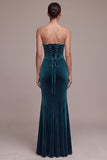 Peacock Blue Corset Mermaid Strapless Long Velvet Dress with Rhinestone