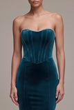 Peacock Blue Corset Mermaid Strapless Long Velvet Dress with Rhinestone