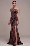 Plum Brown Velvet One Shoulder Floral Ruched Maxi Velvet Dress with Side Slit