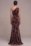 Plum Brown Velvet One Shoulder Floral Ruched Maxi Velvet Dress with Side Slit