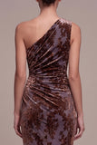 Plum Brown Velvet One Shoulder Floral Ruched Maxi Velvet Dress with Side Slit