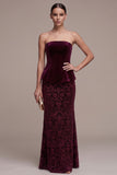 Burgundy Strapless Sheath Jacquard Maxi Velvet Dress