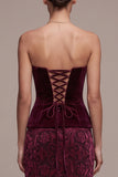 Burgundy Strapless Sheath Jacquard Maxi Velvet Dress
