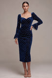 Royal Blue Sheath Ruched Pearls Midi Velvet Dress with Long Flare Sleeves