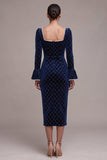 Royal Blue Sheath Ruched Pearls Midi Velvet Dress with Long Flare Sleeves