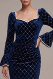 Royal Blue Sheath Ruched Pearls Midi Velvet Dress with Long Flare Sleeves