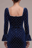Royal Blue Sheath Ruched Pearls Midi Velvet Dress with Long Flare Sleeves