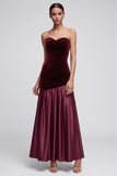 Burgundy Mermaid Strapless Satin Pleated Maxi Velvet Dress
