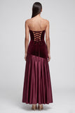 Burgundy Mermaid Strapless Satin Pleated Maxi Velvet Dress