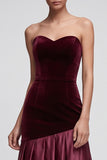 Burgundy Mermaid Strapless Satin Pleated Maxi Velvet Dress