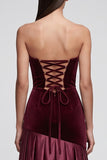 Burgundy Mermaid Strapless Satin Pleated Maxi Velvet Dress